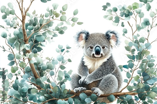 A koala sitting on a branch surrounded by eucalyptus leaves, showcasing wildlife beauty. photo