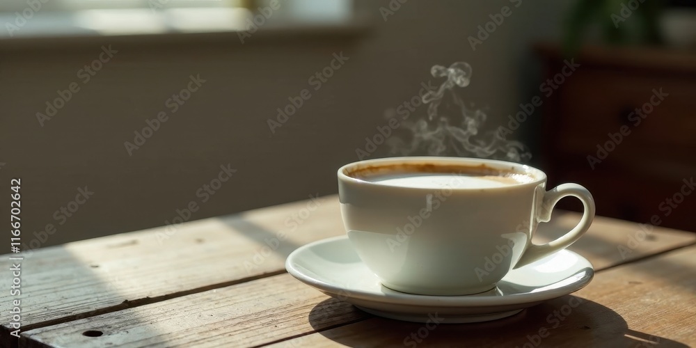 A steaming cup of coffee sits on a rustic wooden table bathed in sunlight, a moment of peaceful warmth and quiet contemplation. A steaming cup of coffee sits on a rustic wooden table bathed in sunlight, a moment of peaceful warmth and quiet contemplation.