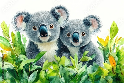 Two adorable koalas nestled among vibrant green leaves. photo