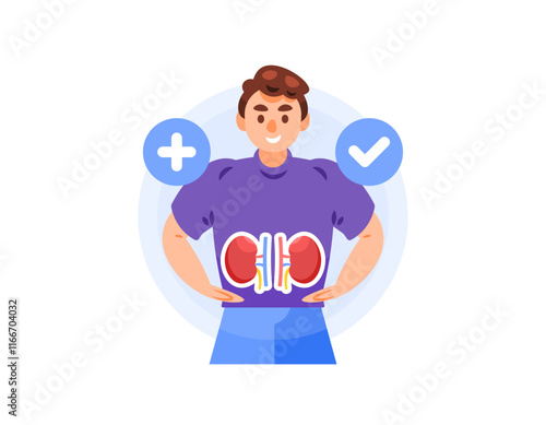 illustration of a man smiling happily because he has healthy kidneys. healthy kidney organ. holding stomach. health and condition. flat style character design. elements