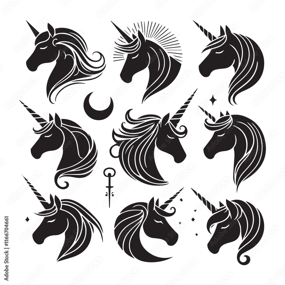 Obraz premium Unicorn face set Vector Silhouette black SH