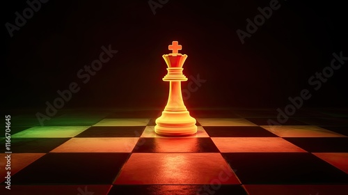 A chess king glowing on a luminous board, representing ultimate strategic leadership.