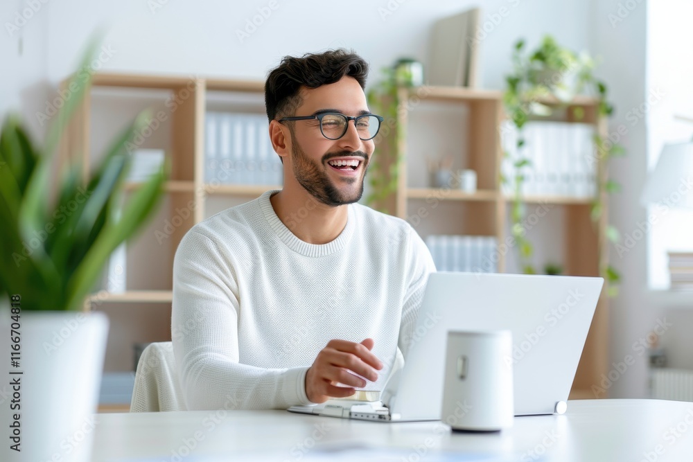A smiling young man sits at a desk with a laptop, enjoying a bright and modern workspace filled with greenery. A smiling young man sits at a desk with a laptop, enjoying a bright and modern workspace filled with greenery.