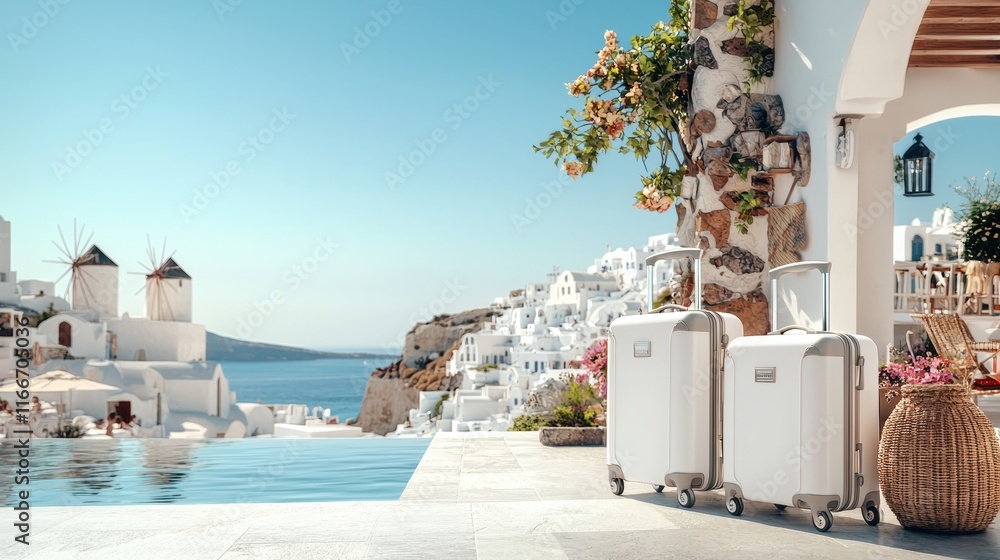 Obraz premium A serene poolside view in Santorini with white luggage, overlooking a picturesque sea and iconic windmills.