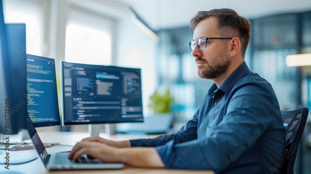 A focused professional coding at dual monitors in a modern workspace, showcasing a productive environment for software development. A focused professional coding at dual monitors in a modern workspace, showcasing a productive environment for software development.