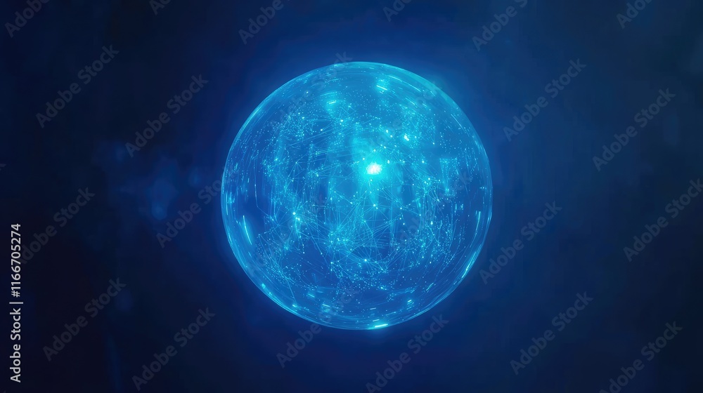A futuristic transparent sphere containing an AI network, floating in a void of glowing digital particles. Clean minimalistic design. A futuristic transparent sphere containing an AI network, floating in a void of glowing digital particles. Clean minimalistic design.
