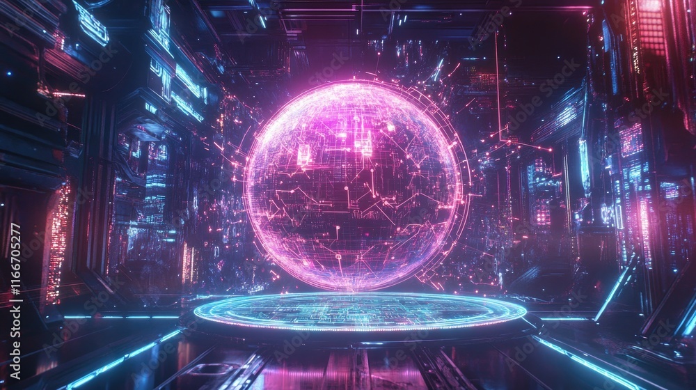 Obraz premium A futuristic holographic globe surrounded by glowing AI neural connections and trending data patterns on a sleek dark gradient background.