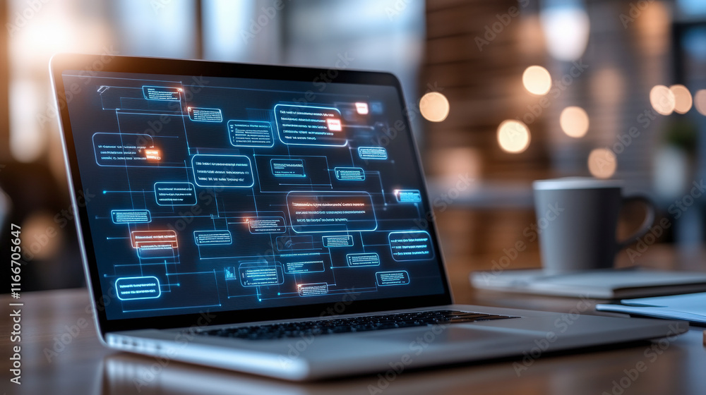 Efficient workflow visualization on laptop screen, optimizing business processes and enhancing productivity with innovative digital tools and technology. Efficient workflow visualization on laptop screen, optimizing business processes and enhancing productivity with innovative digital tools and technology.