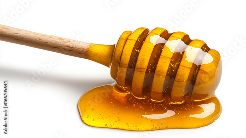 Golden honey dripping, isolated on white background for sweet natural concepts photo