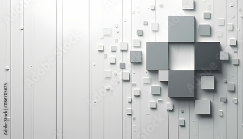 Abstract gray and white cubes arranged in a plus sign shape on a textured white wall background, ideal for modern design.