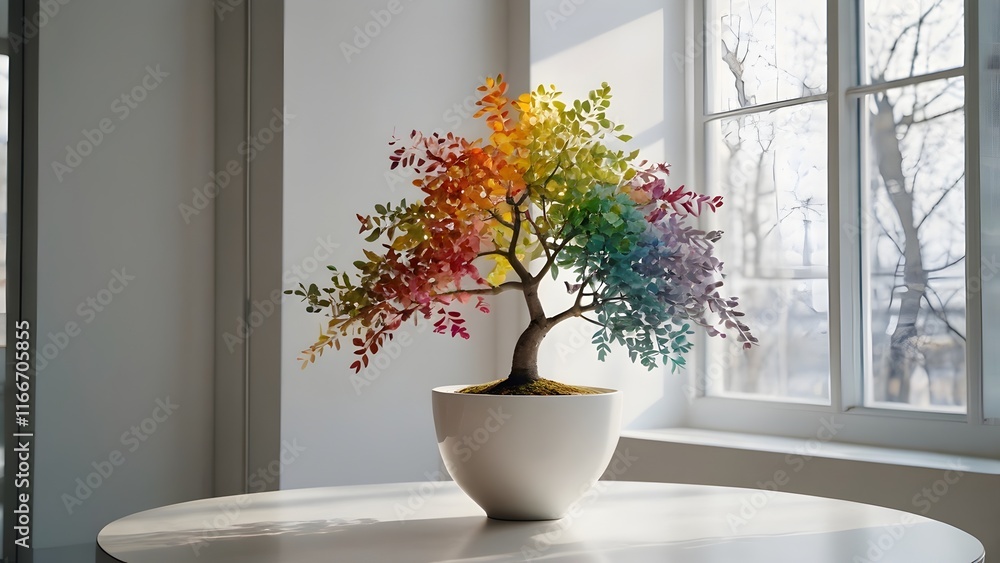 Fototapeta premium minimalistic interior.rainbow-colored tree with delicate branches, placed in a pristine white vase on a sleek modern table.