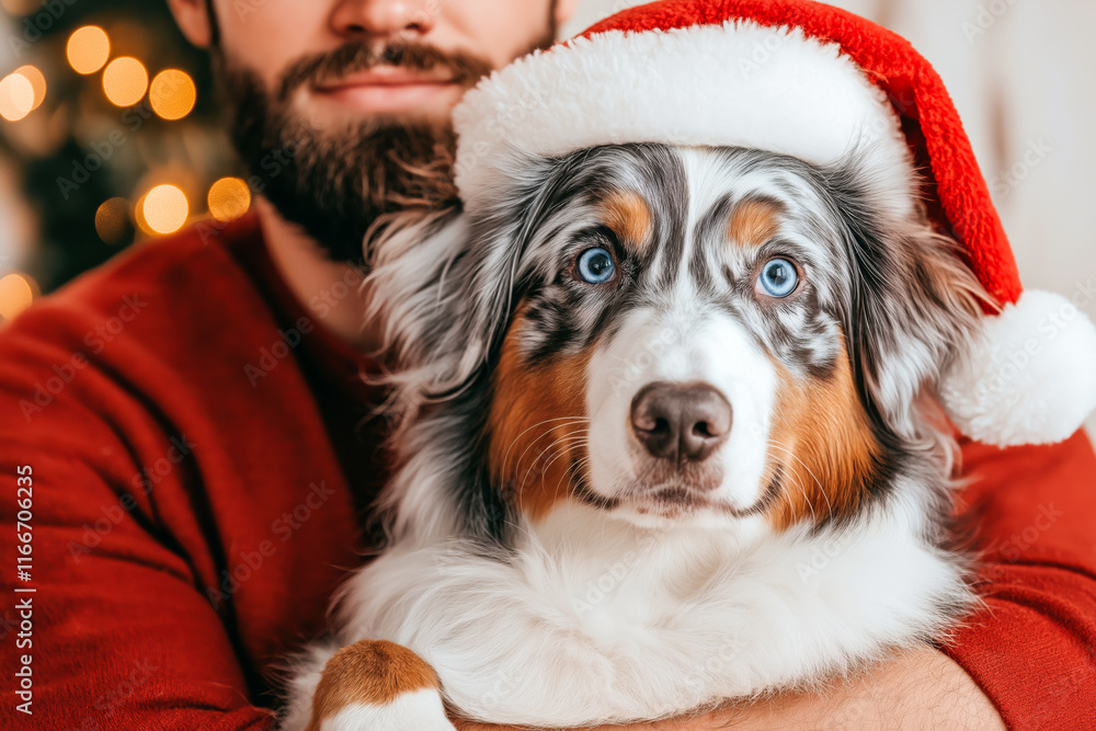 Man wearing red sweater holding australian shepherd dog wearing santa hat by christmas tree Man wearing red sweater holding australian shepherd dog wearing santa hat by christmas tree