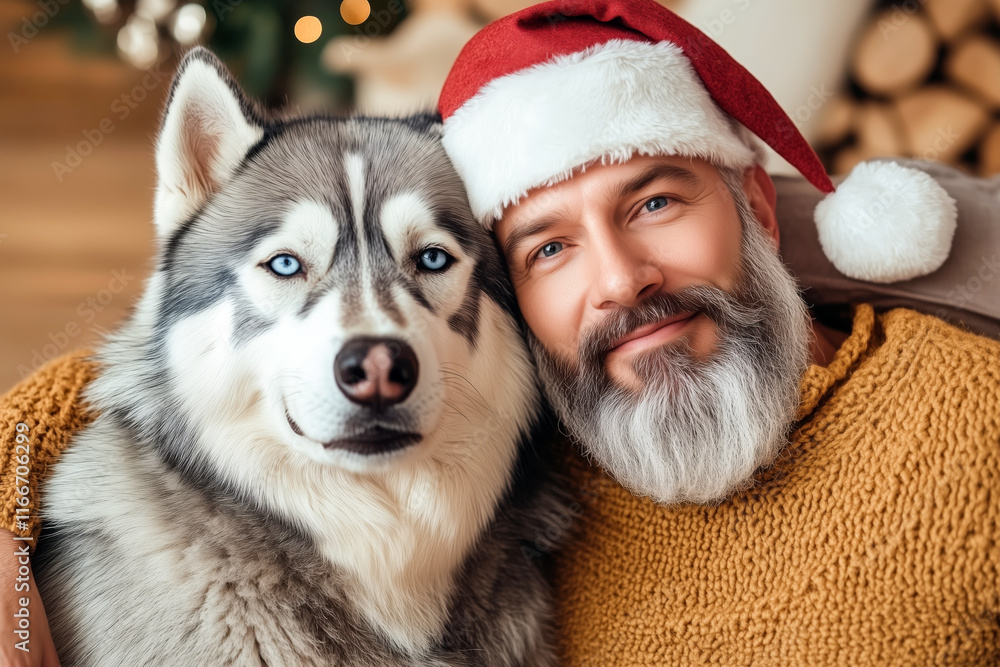 Bearded man wearing santa hat hugging husky dog at christmas Bearded man wearing santa hat hugging husky dog at christmas