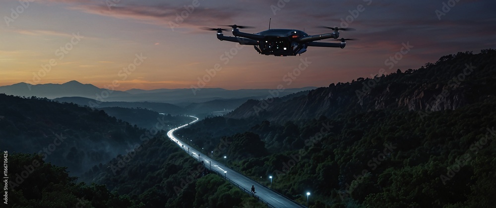 Drone Flight Over Mountain Highway at Dusk Drone Flight Over Mountain Highway at Dusk