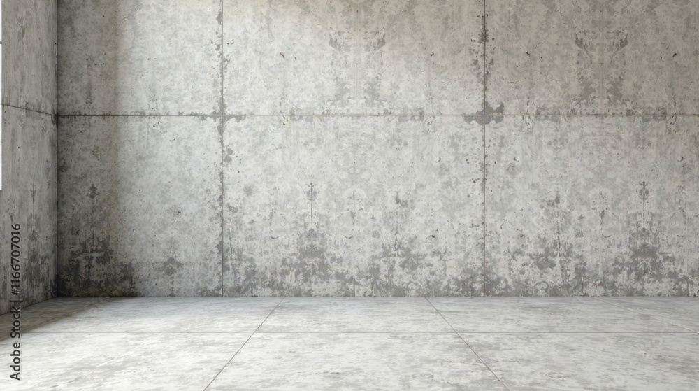 Fototapeta premium Empty Room with Weathered Concrete Walls and Floor, Ideal for Interior Design Presentations
