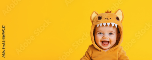 Adorable baby smiling and wearing lion cub costume on yellow background