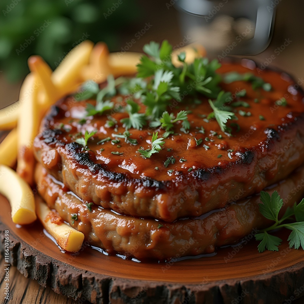 Two savory grilled patties topped with a rich brown sauce and fresh parsley, served with golden french fries on a rustic wooden plate. Two savory grilled patties topped with a rich brown sauce and fresh parsley, served with golden french fries on a rustic wooden plate.