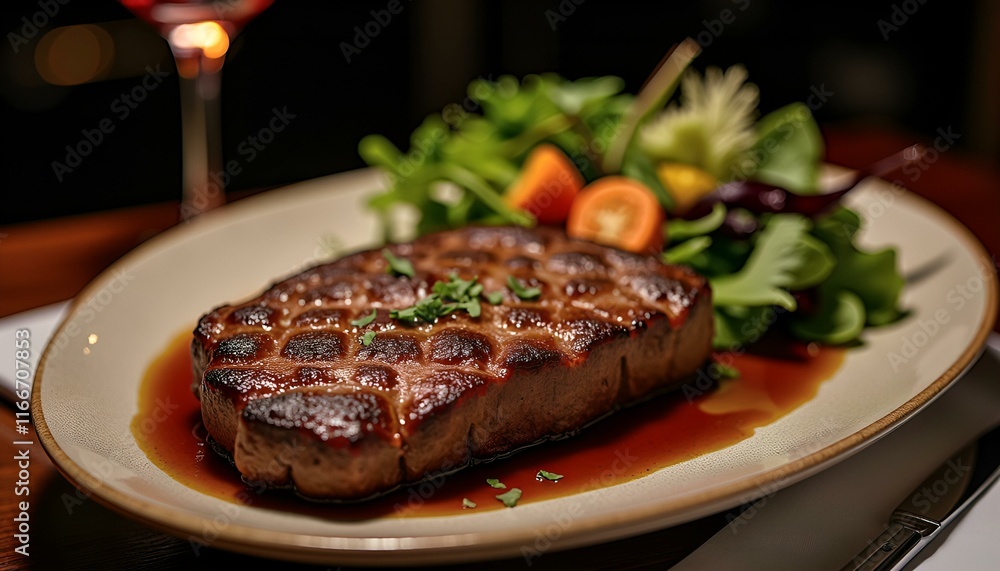 Gourmet grilled steak dinner with rich sauce served on elegant plate, garnished with fresh salad Gourmet grilled steak dinner with rich sauce served on elegant plate, garnished with fresh salad