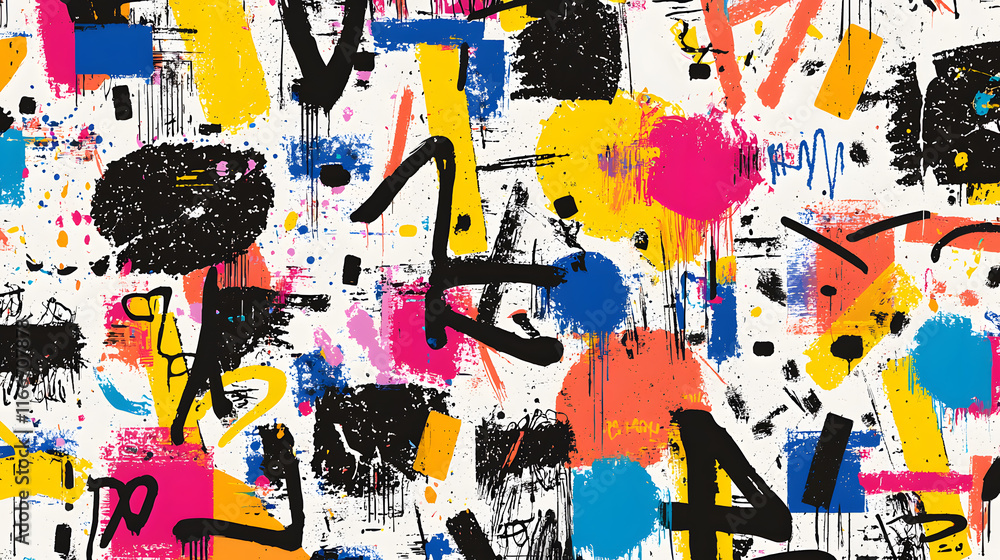 Naklejka premium Colorful abstract design featuring vibrant splashes and bold shapes, creating dynamic and energetic visual experience. Perfect for modern art enthusiasts