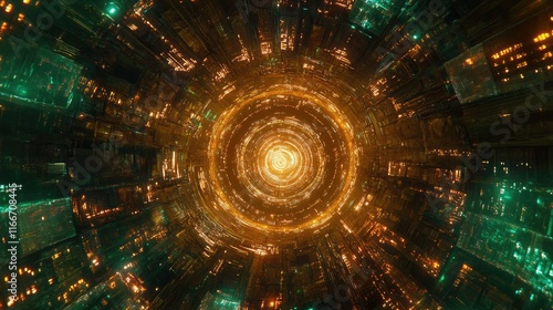 Luminous AI network core surrounded by concentric glowing circuits radiating digital energy.