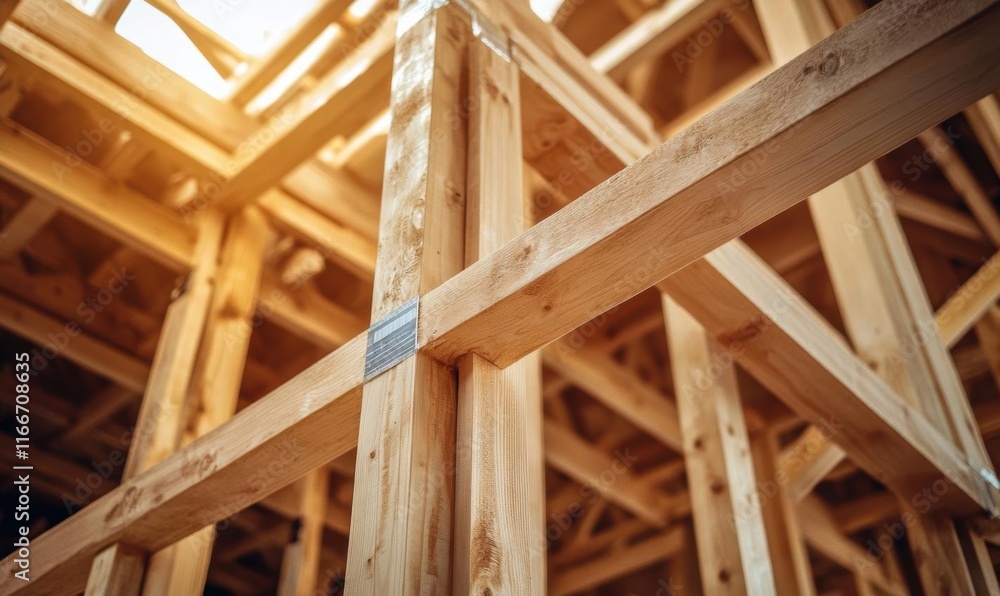 Wooden Framework of Modern House Under Construction with Natural Lighting Wooden Framework of Modern House Under Construction with Natural Lighting