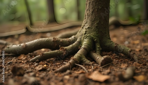 Close-up view of tree roots emerging from the earth in a forest setting, showcasing the intricate network of roots and the rich brown soil. photo