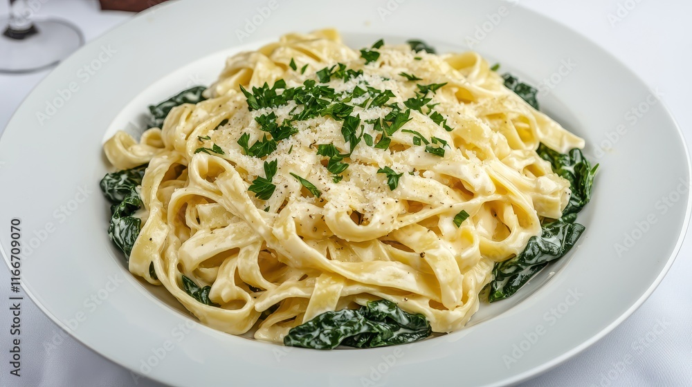 Creamy Fettuccine Pasta with Spinach and Alfredo Sauce Garnished with Fresh Herbs in a White Bowl Creamy Fettuccine Pasta with Spinach and Alfredo Sauce Garnished with Fresh Herbs in a White Bowl
