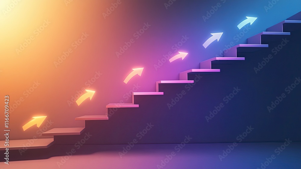 Obraz premium Abstract arrows climbing glowing stairs on a sleek futuristic gradient background.