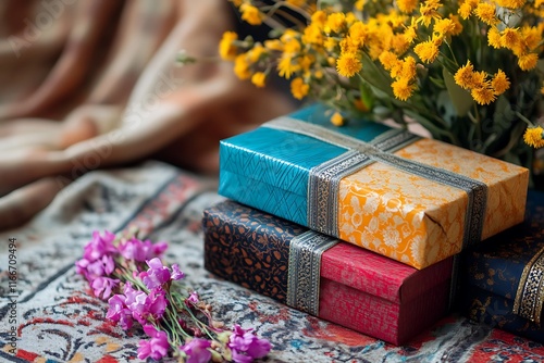 Colorful Eid Gift Boxes on a Table with Flowers for Eid Celebration photo