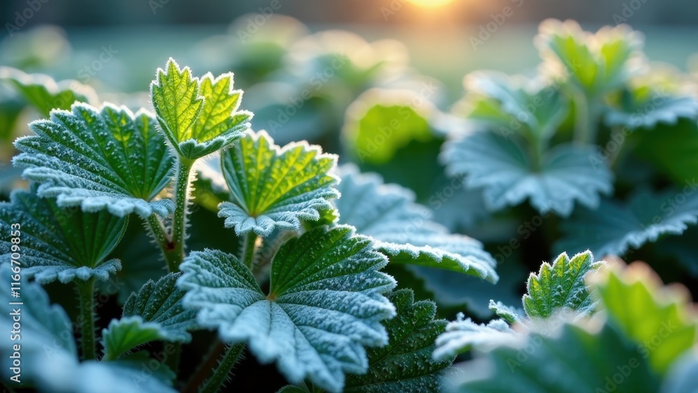 Early morning frost on vibrant green foliage, sunlight illuminating delicate leaf textures, a serene natural scene of winter's gentle touch Early morning frost on vibrant green foliage, sunlight illuminating delicate leaf textures, a serene natural scene of winter's gentle touch