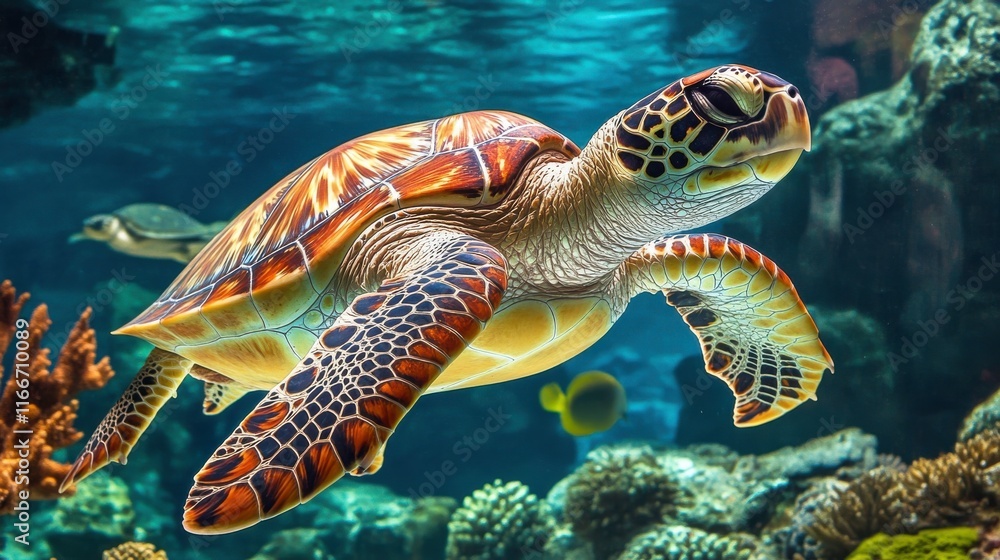 Fototapeta premium Graceful Turtles Gliding Through Coral Reef Waters