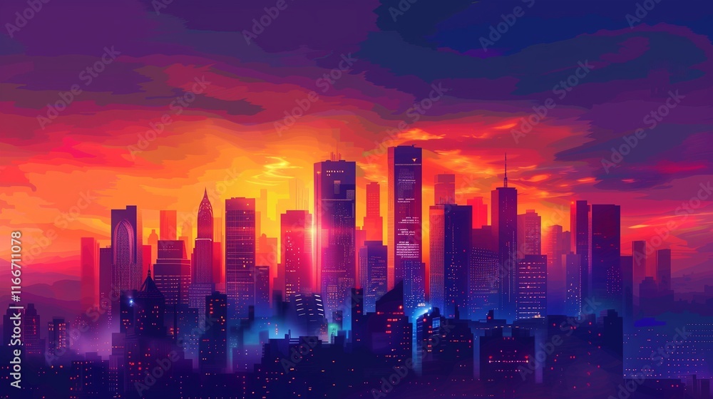 A dramatic city skyline at sunset with deep shadows and vibrant orange and purple hues in the sky A dramatic city skyline at sunset with deep shadows and vibrant orange and purple hues in the sky