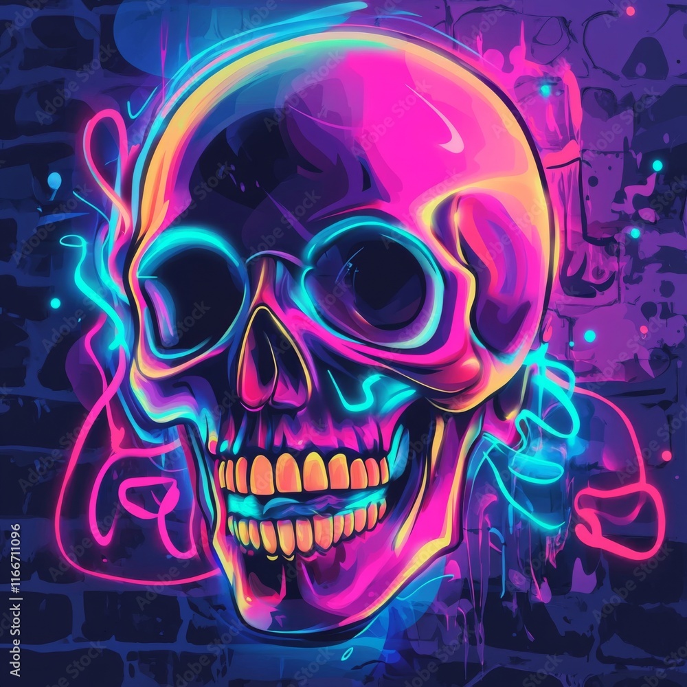 Neon skull with vibrant colors and graffiti background. Neon skull with vibrant colors and graffiti background.