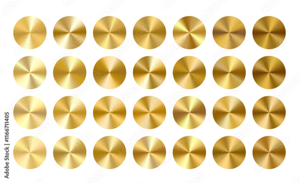 Gold color radial medal shield. Metal circle coin. Vector award badge round button. 3d brushed disk surface texture. Anniversary seal frame label. Circular gradient sticker texture. First prize tag Gold color radial medal shield. Metal circle coin. Vector award badge round button. 3d brushed disk surface texture. Anniversary seal frame label. Circular gradient sticker texture. First prize tag
