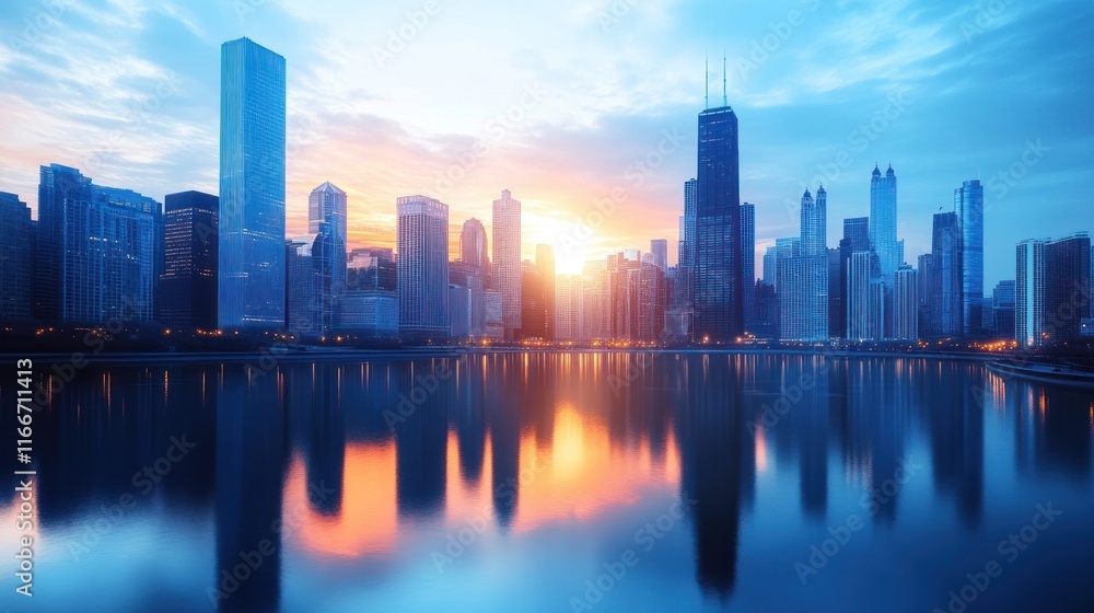 A serene city skyline at sunrise reflecting on water. A serene city skyline at sunrise reflecting on water.