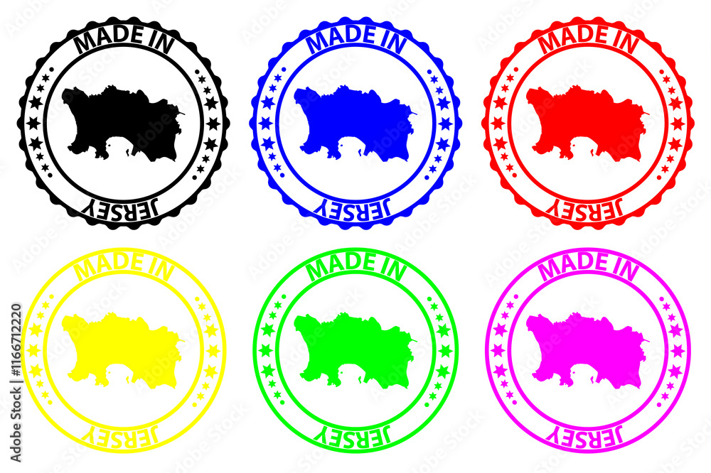 Made in Jersey - rubber stamp - vector, Jersey map pattern - black, blue, green, yellow, purple and red Made in Jersey - rubber stamp - vector, Jersey map pattern - black, blue, green, yellow, purple and red