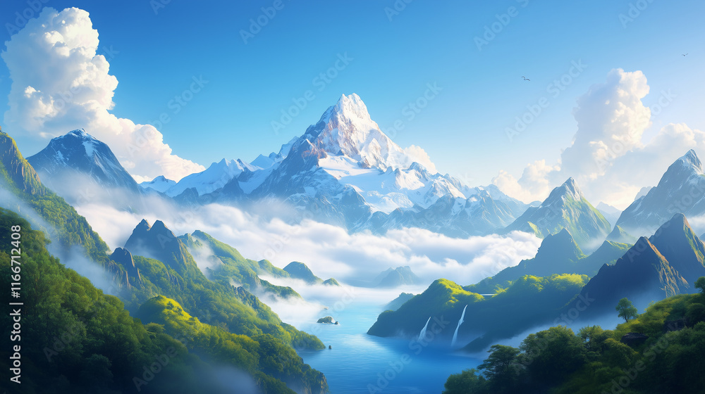 A mountain range with a large mountain in the background A mountain range with a large mountain in the background