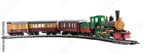 Vintage steam locomotive model with colorful carriages on tracks, showcasing intricate details and craftsmanship. Perfect for collectors and train enthusiasts