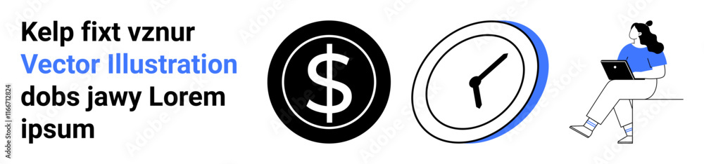 Black dollar sign, clock, person with a laptop. Ideal for remote work, productivity, efficiency, time management, financial planning, work-life balance, modern workplace. Landing page Black dollar sign, clock, person with a laptop. Ideal for remote work, productivity, efficiency, time management, financial planning, work-life balance, modern workplace. Landing page