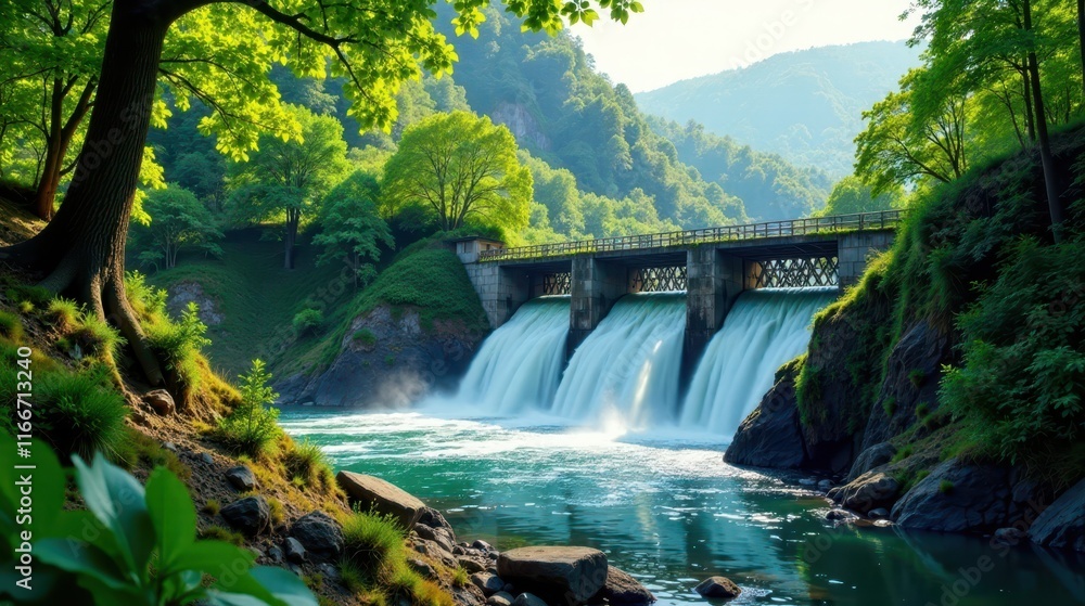 Serene Dam Waterfall Cascading Through Lush Green Foliage in a Picturesque Natural Setting Serene Dam Waterfall Cascading Through Lush Green Foliage in a Picturesque Natural Setting
