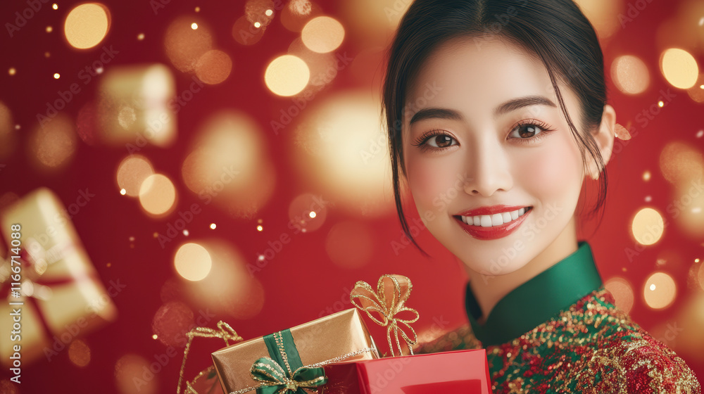 Festive holiday portrait featuring a joyful woman with beautifully wrapped gifts, enhancing your holiday season celebration experience. Festive holiday portrait featuring a joyful woman with beautifully wrapped gifts, enhancing your holiday season celebration experience.
