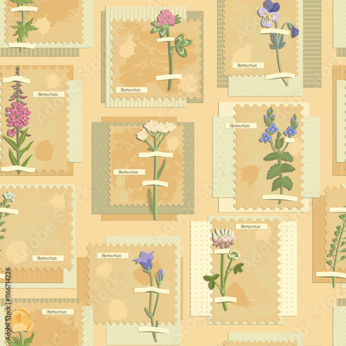 vector seamless pattern, collage with flowers, creative background, herbarium imitation with dried wild plants