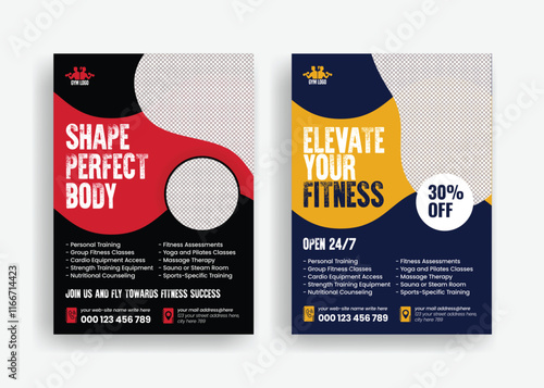 Modern gym fitness workout flyer template design suitable for brochure cover or poster design with yellow, red ,black, blue color