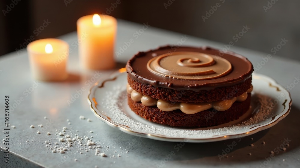 A delectable double-layered chocolate cake adorned with a spiral of creamy caramel, delicately dusted with powdered sugar, rests on an elegant plate, illuminated by the soft glow of nearby candles. A delectable double-layered chocolate cake adorned with a spiral of creamy caramel, delicately dusted with powdered sugar, rests on an elegant plate, illuminated by the soft glow of nearby candles.