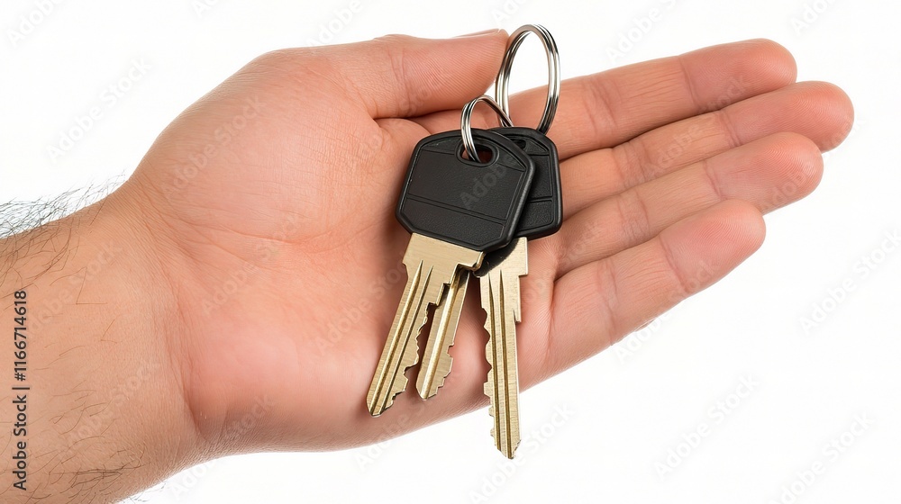 Hand Holding House Keys with Keychain Isolated on White Background Hand Holding House Keys with Keychain Isolated on White Background