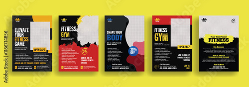 Modern gym fitness workout flyer template design suitable for brochure cover or poster design with yellow, red ,black, blue color