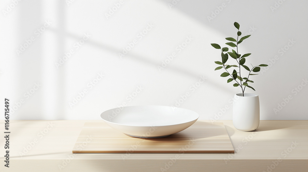 A white bowl sits on a wooden table next to a potted plant A white bowl sits on a wooden table next to a potted plant