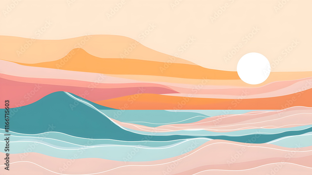 Minimalistic sunset behind rolling ocean waves with soft colors. serene landscape evokes sense of calm and tranquility, perfect for relaxation and inspiration