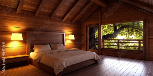 professional photo of treehouse bedroom, wood interior, well lit,  photo