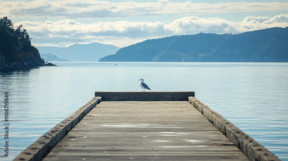 A serene dock extends into calm waters with a seagull perched at the end, surrounded by mountains.